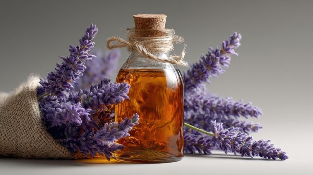 a bottle of essential lavender oil on a white isolated background, calming and natural light