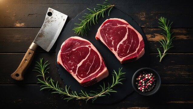 Fresh raw meat Top Blade steaks laid out on a black wooden table, viewed from above in a flat lay