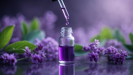 Background of a spa adorned with flowers and a vial of essential oil.