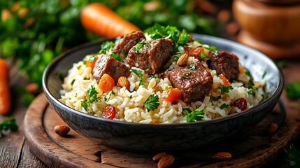 Hearty rice dish with meat, nuts, and dried fruit