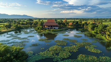 Obraz premium Stunning aerial view of serene lotus pond tranquil landscape photography natural beauty bird's eye perspective