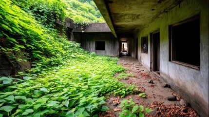 Overgrown Ruins of an Abandoned Building Lush Greenery and Weathered Walls