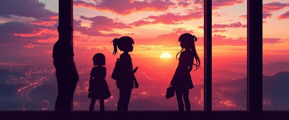Silhouetted figures at expansive window, bittersweet parting, anime aesthetic, cityscape,  graphic