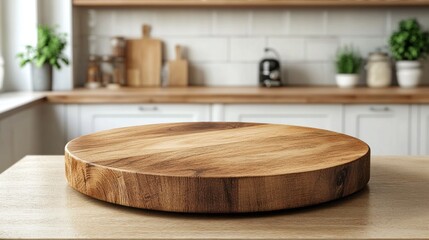 The round wooden tabletop counter sits empty in a clean, bright kitchen, creating a perfect space for product display or montage. The surroundings are neat and inviting with natural light