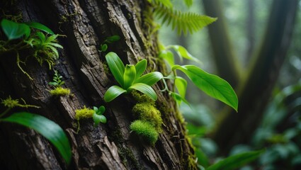 Little Epiphyte orchids flourishing on the tree trunk.