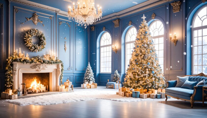 beautifully decorated Christmas room featuring large tree adorned with ornaments, cozy fireplace, and elegant blue walls. scene is enhanced by soft snowfall and warm candlelight, creating festive