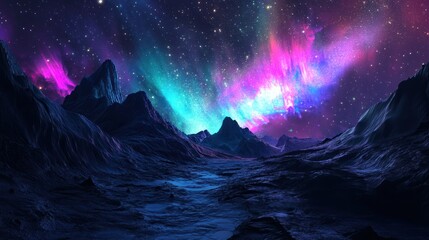 A vibrant aurora borealis over a mountainous landscape.