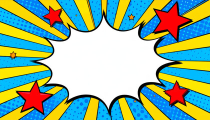Obraz premium Bright comic style burst background featuring blue polka dots, yellow stripes, and red stars, creating vibrant and energetic atmosphere perfect for creative projects