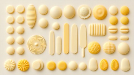 A collection of various round and oblong shapes in shades of yellow and white, arranged in a grid-like pattern.