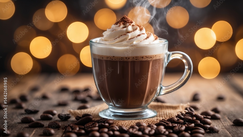 Poster a cozy table features a steaming mug of hot chocolate, complete with whipped cream and cocoa powder 