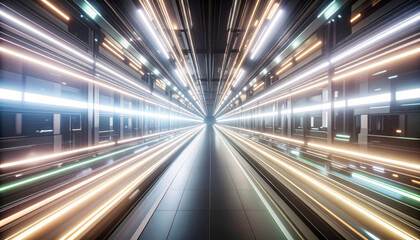 futuristic tunnel with glowing lights creates sense of speed and motion, featuring vibrant lines in various colors. dark cyberpunk style enhances dynamic atmosphere
