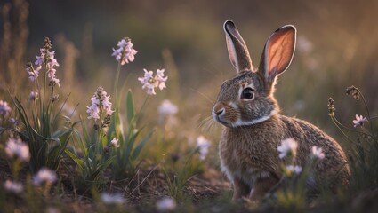 Fototapeta premium Springtime scene featuring a wild jackrabbit among vibrant wildflowers, showcasing its large ears and soft fur for decor, greeting cards, and posters.