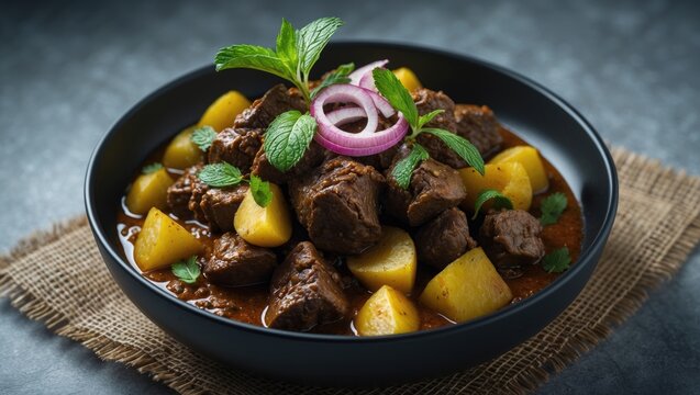 Traditional Feast: Spicy Beef Curry Fry Accompanied by Ghee Rice, Appam, Parotta, Puttu, Buffalo Roast, Meat Pepper Fry, Raw Curry, and Banana