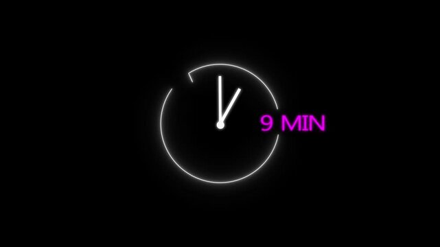 Abstract glowing neon 9 minute clock icon. Time Icon Neon Style, Modern design animation 4k video.