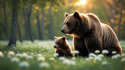 Obraz premium Mother bear and her young cub in the woodland
