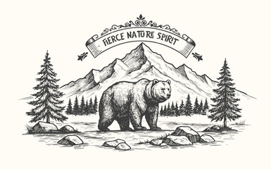 mountain  Bear with lake, pine tree, and mountain Hand Drawn Engraving Illustration. doodle hand drawn vector