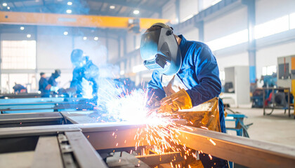 Craftsman welding steel frames in industrial workshop, surrounded by vivid sparks and heavy smoke, showcasing art of metalwork and craftsmanship