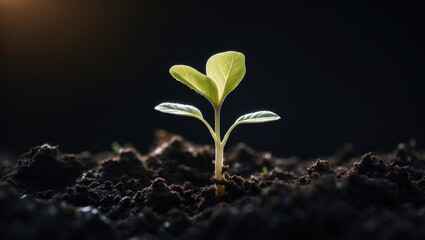 Small green sprout growing on a dark backdrop