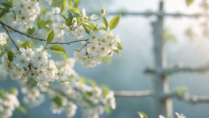 Macro shot of white flowers blooming on fruit tree branches with a gentle light blue sky background, sunlight illuminating the blossoms, featuring copy space in a horizontal floral image