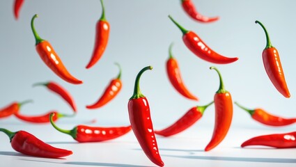 Ripe red chili peppers descending onto a background