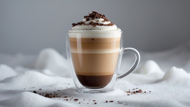 Coffee latte in a glass cup against a white backdrop