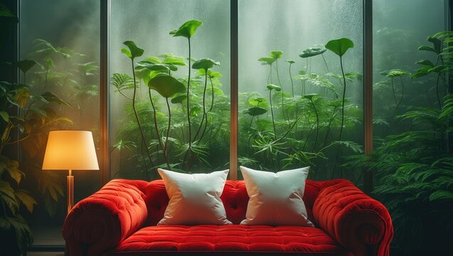 Interior of a living room showcasing a red sofa, throw pillows, and a lamp
