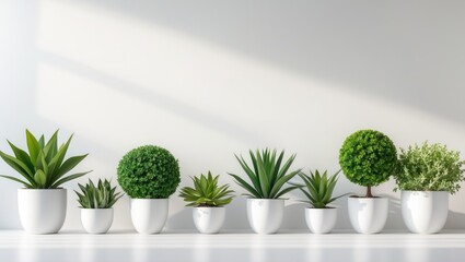 Fototapeta premium Group of artificial potted plants isolated on a white backdrop.