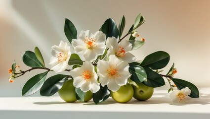 Corner arrangement of an orange blossom branch with flowers, buds, and leaves set on a white background.