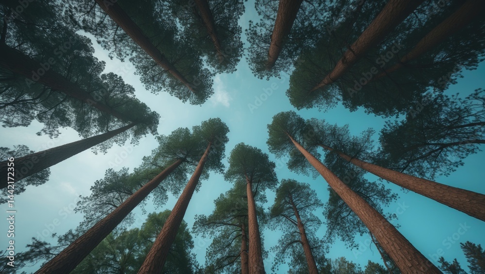 Poster observing the tree tops from ground level, illustrating the serene elegance of elevated trees in the