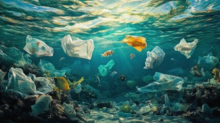 Obraz premium Plastic pollution in the ocean. Coral reefs and marine life are threatened by plastic bags and debris