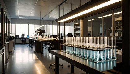 modern laboratory setting featuring row of test tubes filled with blue liquid, illuminated by overhead lighting. spacious environment is equipped with various scientific instruments