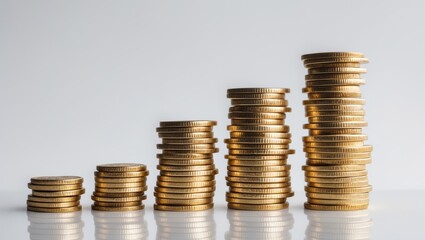 Increasing stacks of coins symbolizing savings against a white background