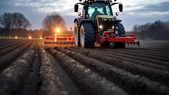 Tractor working in a plowed field at dusk. Dark soil, parallel furrows, and soft lighting create a serene agricultural scene