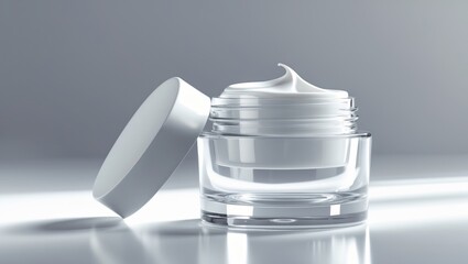 Empty glass jar with white cover for cosmetic cream, set against a blank background, mockup.