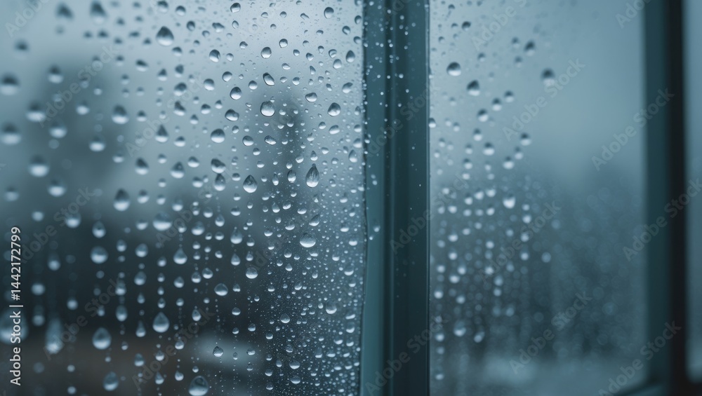 Poster frozen water droplets on window surface. winter day texture with frozen water drops on glass. textur