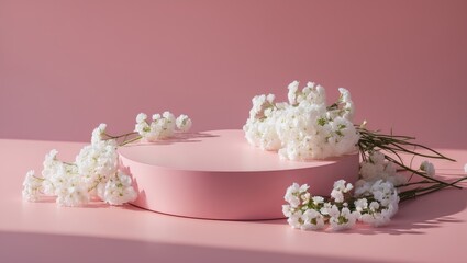 Colorful background featuring a podium and white flowers