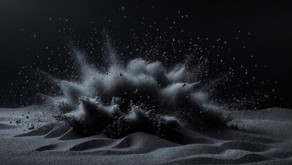 Millions of black sand blasts, Photo image capturing descending sands soaring. Freeze shot against a black background with isolated overlay. Tiny fine sand dust behaves like a magnet during particle