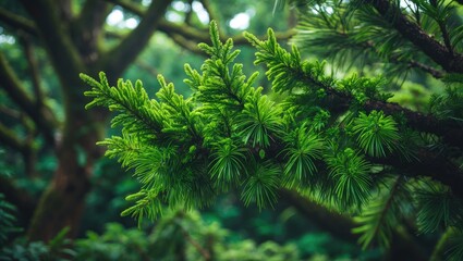 Detailed view of fresh bright green conifer branches thriving on an exotic tropical tree