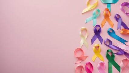 Brightly colored ribbons on a pink surface, encouraging awareness for people facing health issues.
