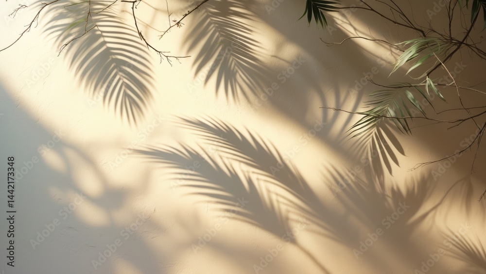 Aufkleber nature's light and shadows from leaves on a blurred wall background. tropical tree branches casting 