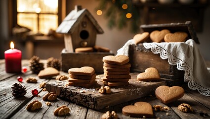 Collection of hand-baked gingerbread cookies in a wood box, glowing candle, pine cones and bright baubles. Rustic kitchen environment, cheerful atmosphere.