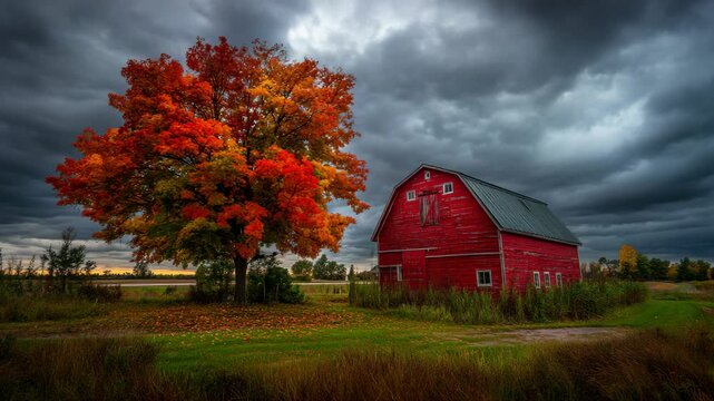 Vibrant autumn colors showcase red barn and maple tree under dramatic skies in rural countryside