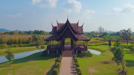 Traditional thai pavilion surrounded by lush greenery and water features aerial view tranquil landscape