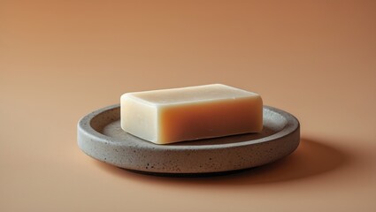 Side view of soap resting in a soap dish with a beige backdrop