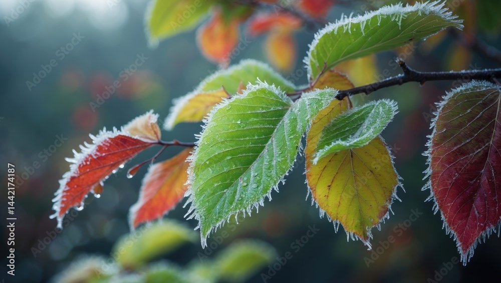 Poster a cool frost on the edges of tree branch leaves. the leaves show a range of colors, from green to re