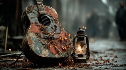 Ghostly glow of firefly bacteria illuminating an old guitar and lantern in a dark forest