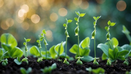 Soil with new pea seeds sprouting