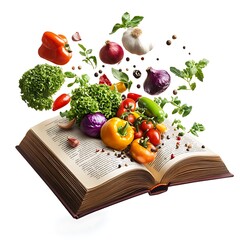 Floating Cookbook with Produce isolated on white background