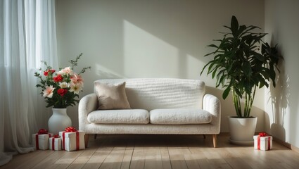 Holiday-themed interior with sofa, floral arrangements, and presents
