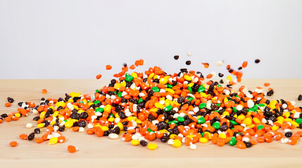 A pile of candy with different colors including orange, brown, and green